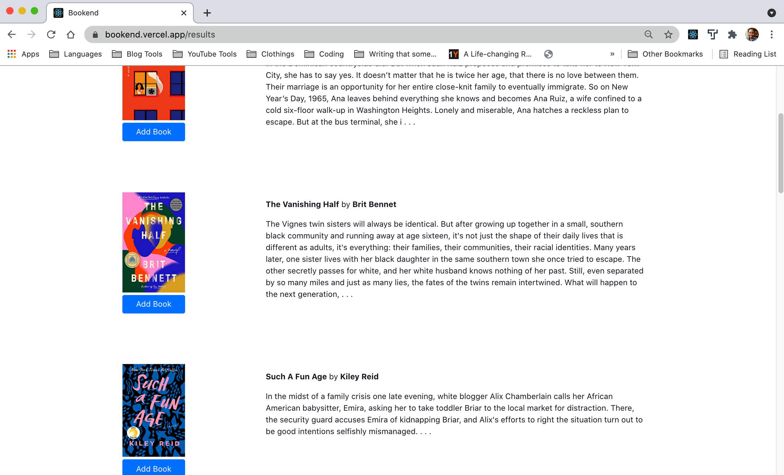 Screenshot of bookend project with images of various book covers and paragraph descriptions