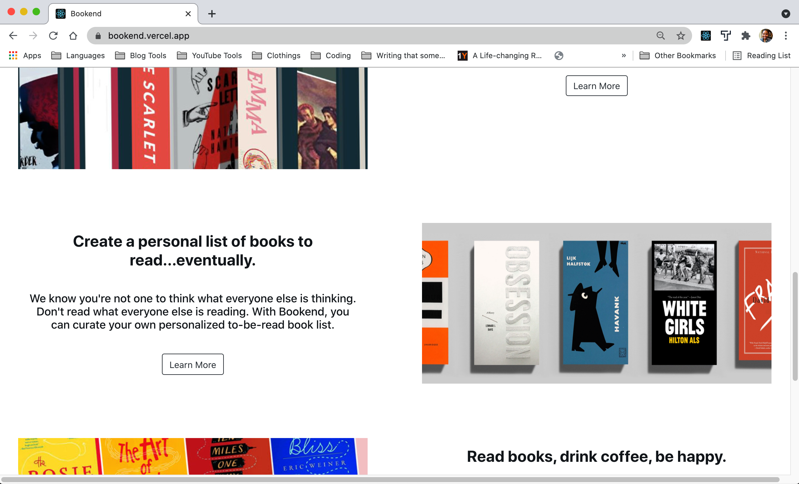 Screenshot of bookend project landing page