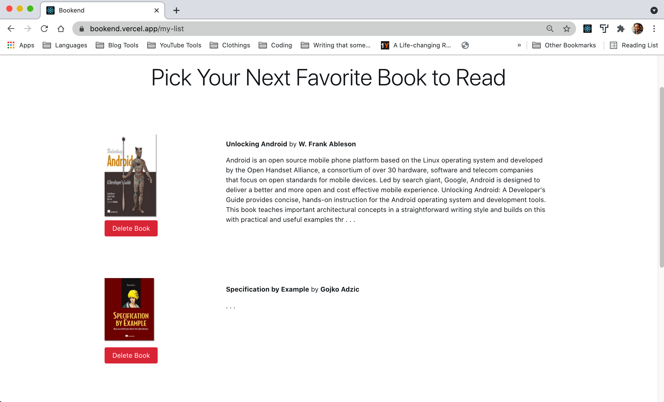 Screenshot of bookend project with images of various book covers and paragraph descriptions