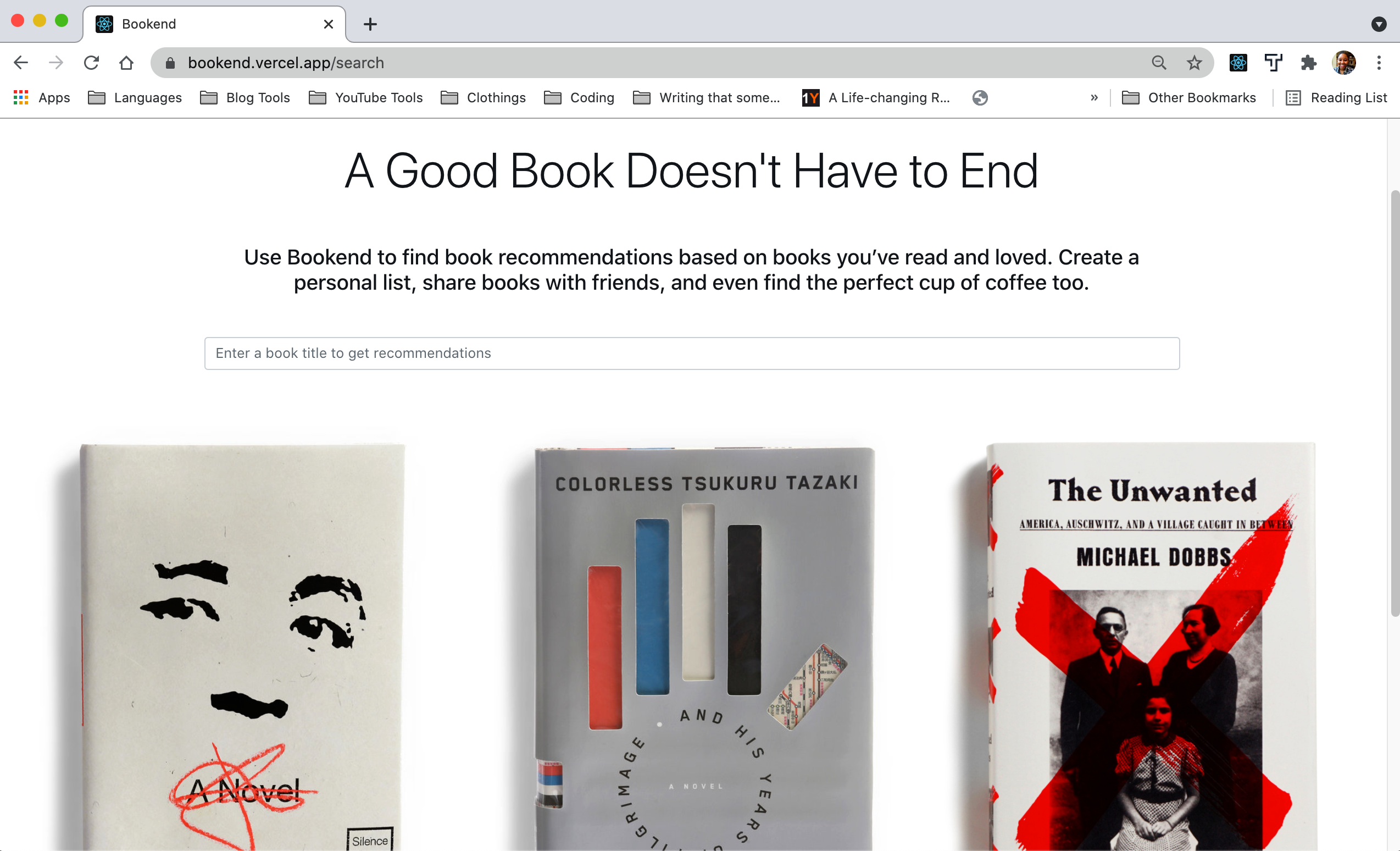 Screenshot of bookend project search page with large images of book covers and search input box