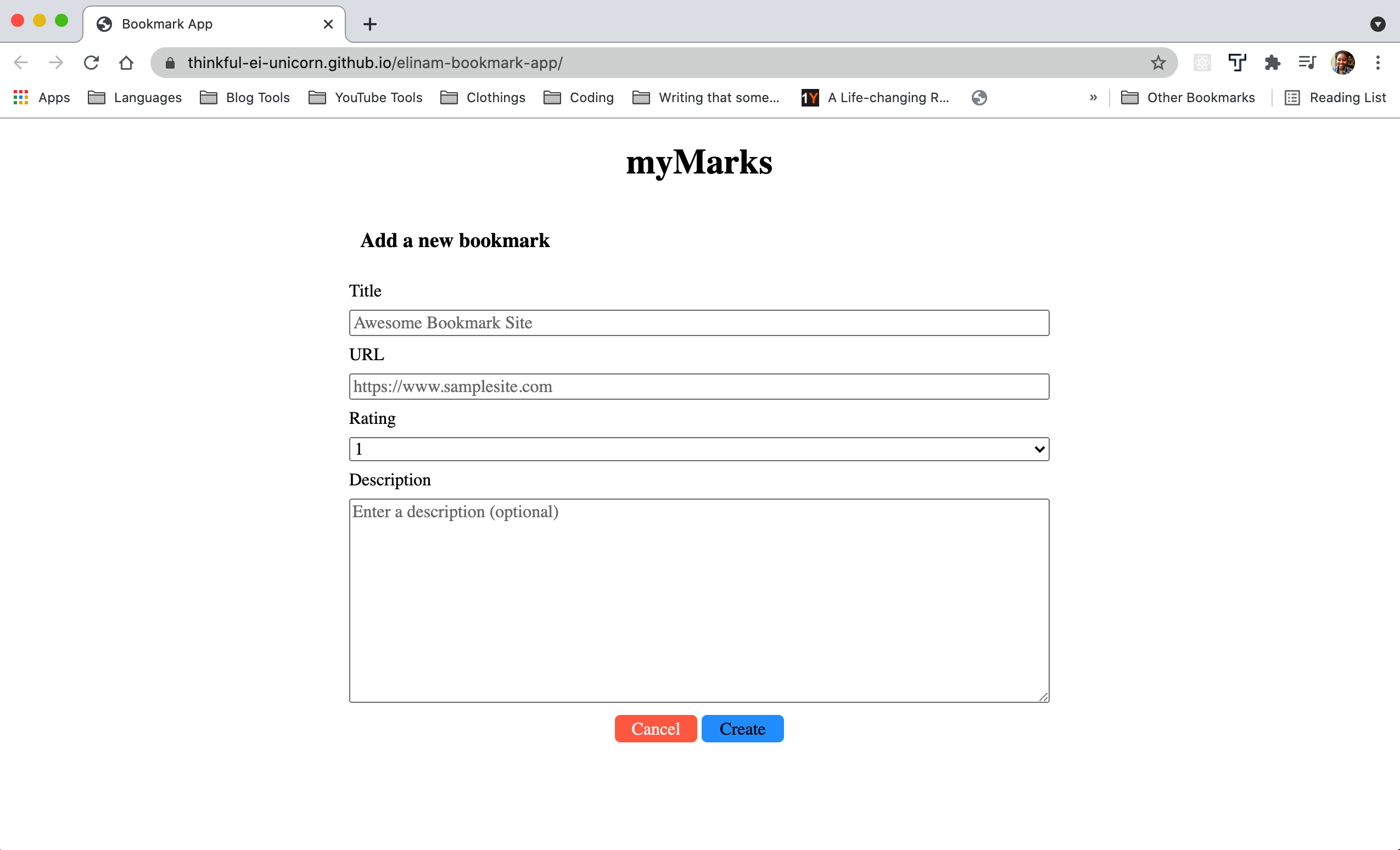 Screenshot of add bookmark form with submit and clear buttons at the bottom of the form.