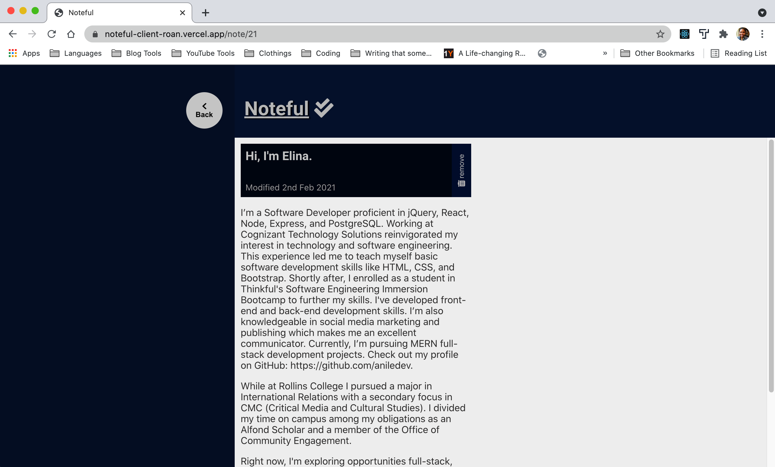 Screenshot of individual note within the Noteful note taking application. Black text on a white background with navy blue navigation bar across the top and down the left of the screen.
