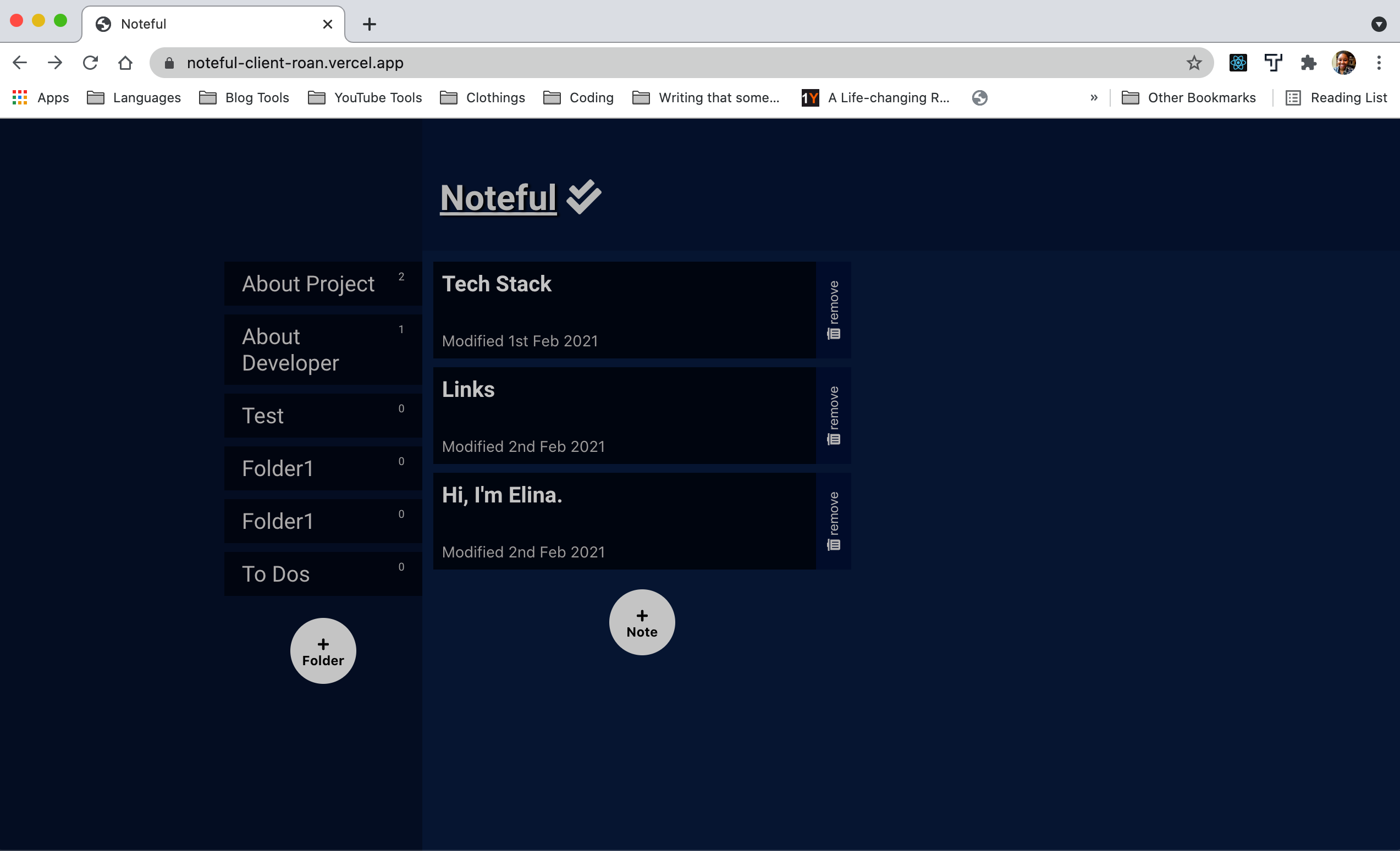 Screenshot of navy blue and white note taking application.