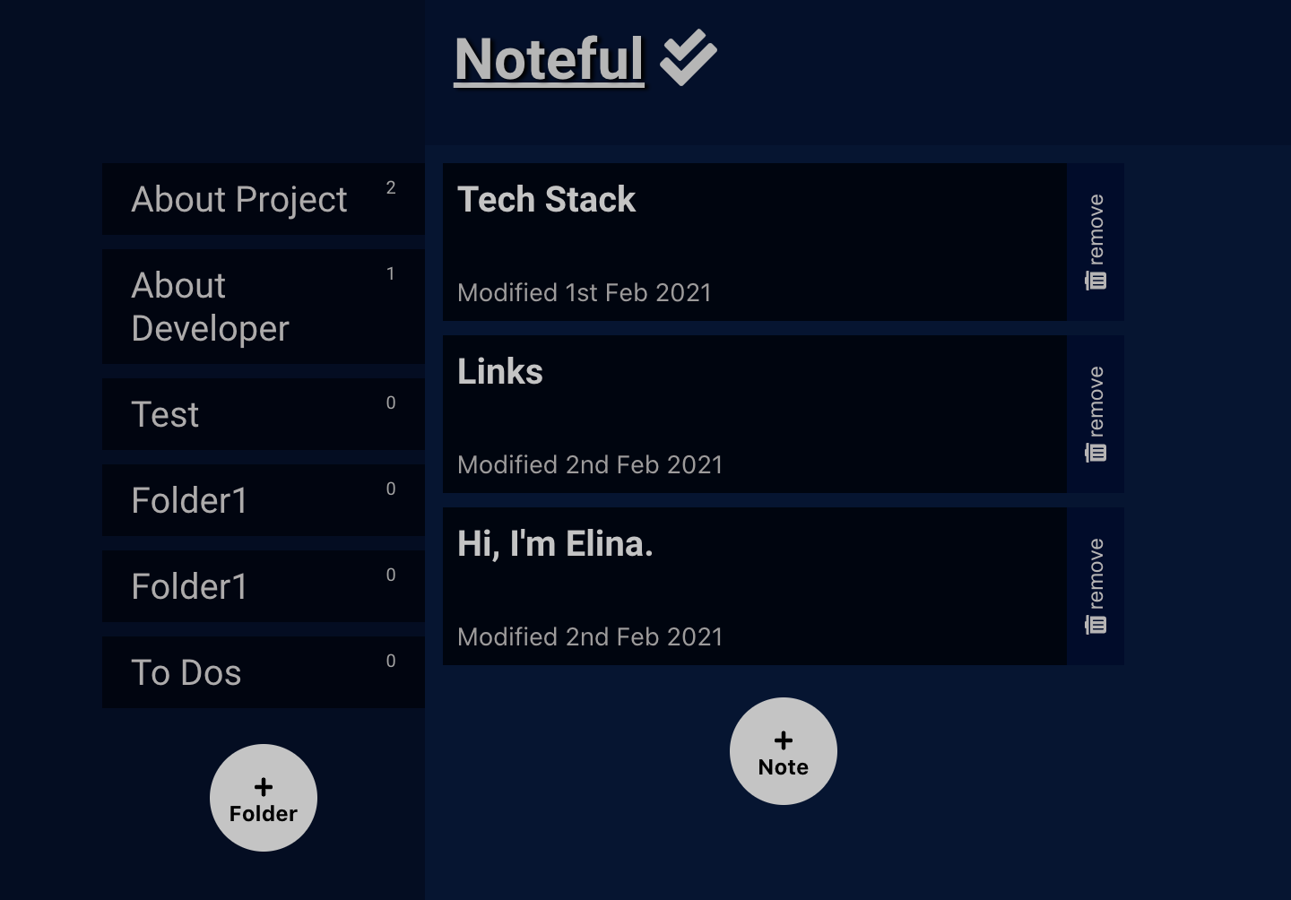 Snippet of Noteful application project. Screenshot of navy blue and white note taking application.