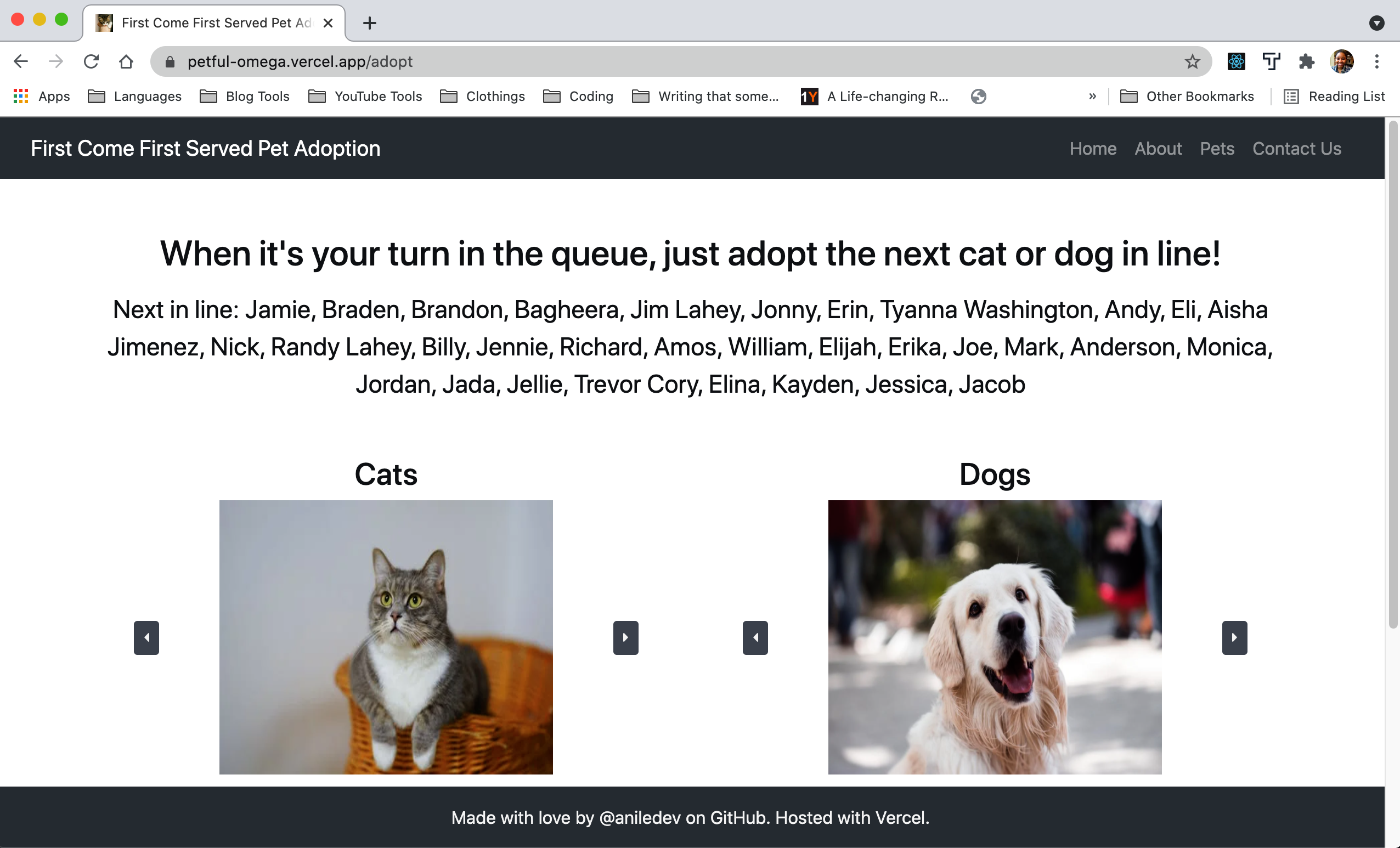 Screenshot of pet adoption website that shows the list of people in line to adopt a pet as well as one image of a cat and one image of a dog.