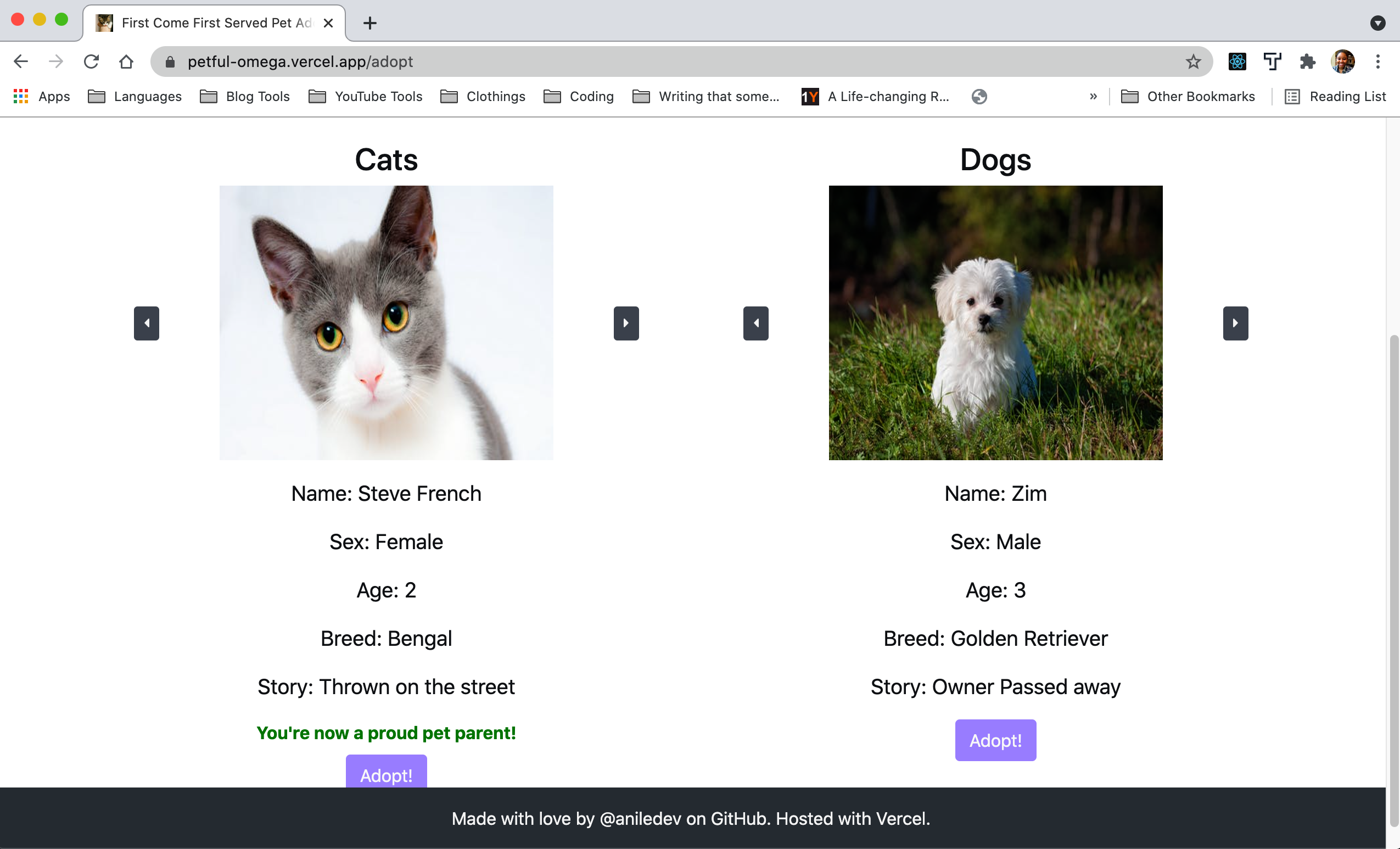 Screenshot of pet adoption website that shows an image of a cat and a dog with text underneath describing each pet.