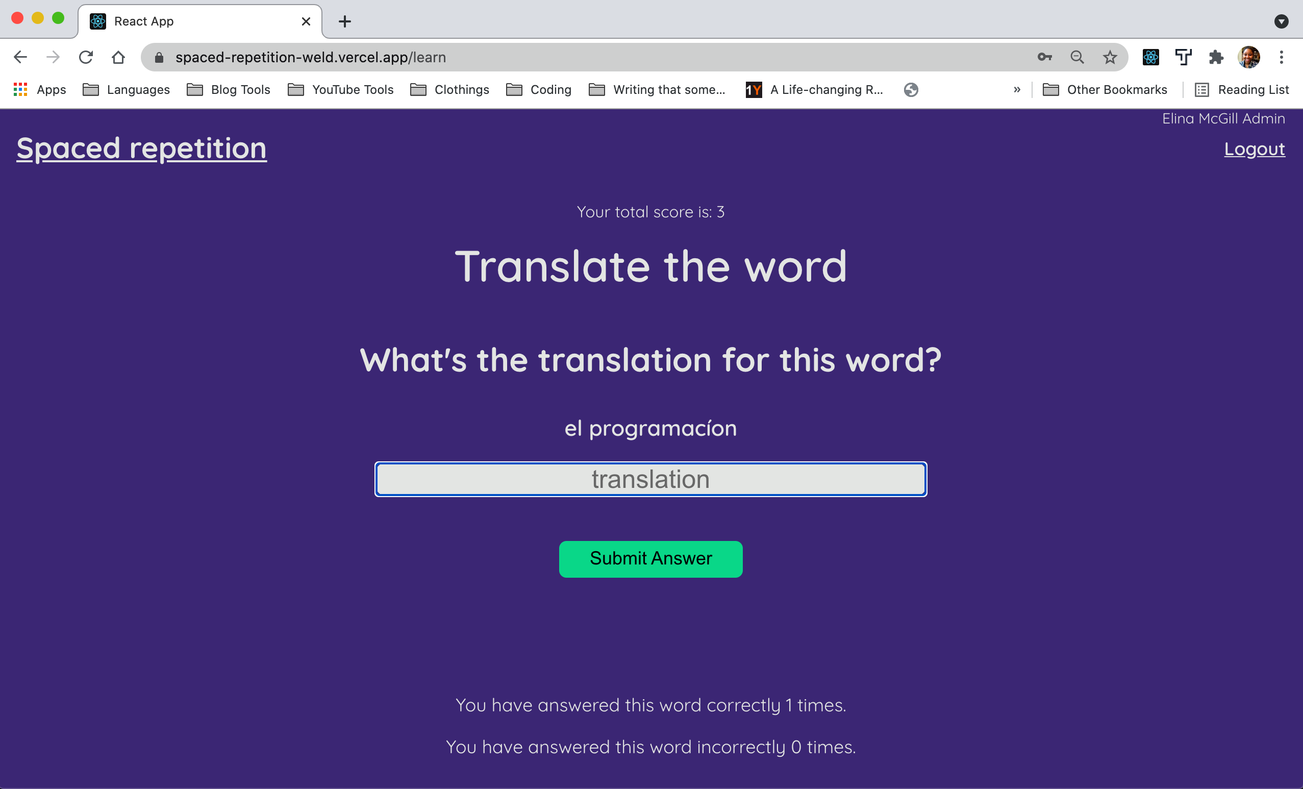 A purple background login screen with white log in input boxes with green log button.