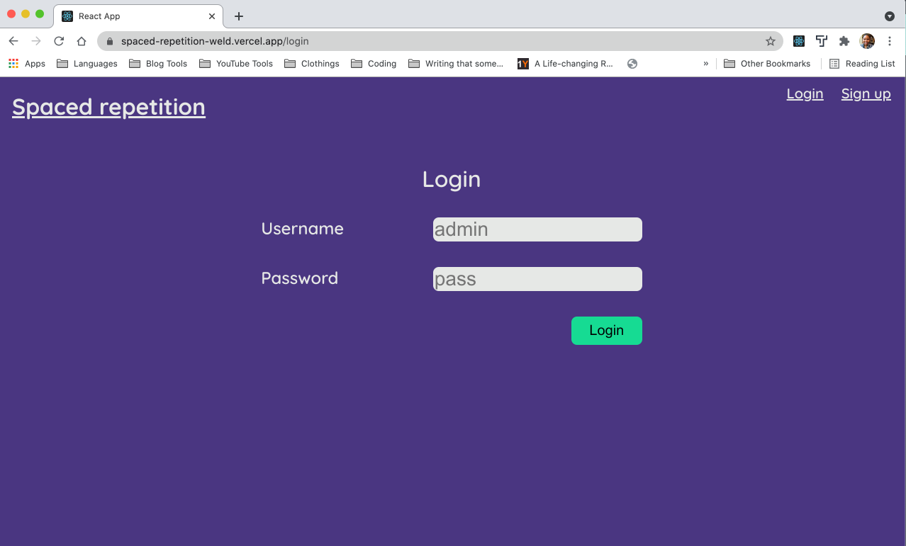 Screenshot of spaced repetition log in form with purple background and white input boxes.
